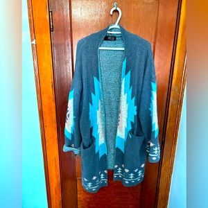 Dressed in LALA Aztec open front cardigan.